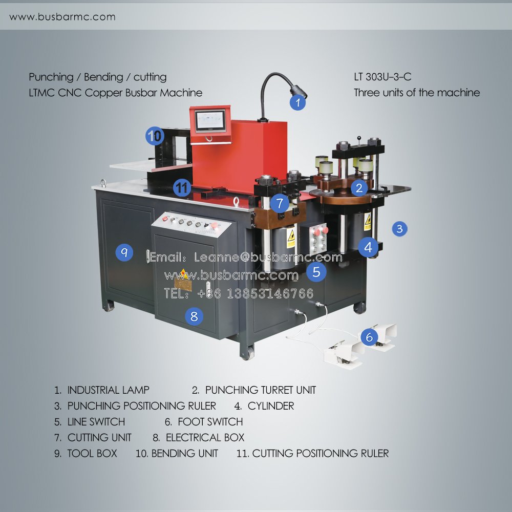 Structure of 3 in 1 busbar machine punching cutting bending units